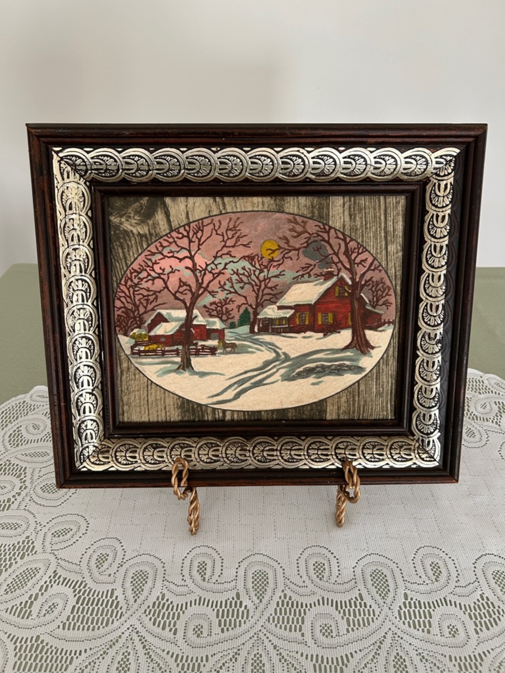 Vintage Paint By Number on Fabric Winter Cabin Art 13.5 x 11.5 in